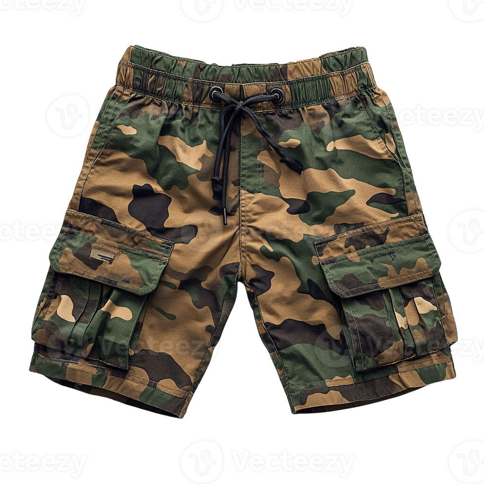 Flat Lay Fashion Shot of Casual Camouflage Cargo Shorts for Men Isolated on Transparent Background png