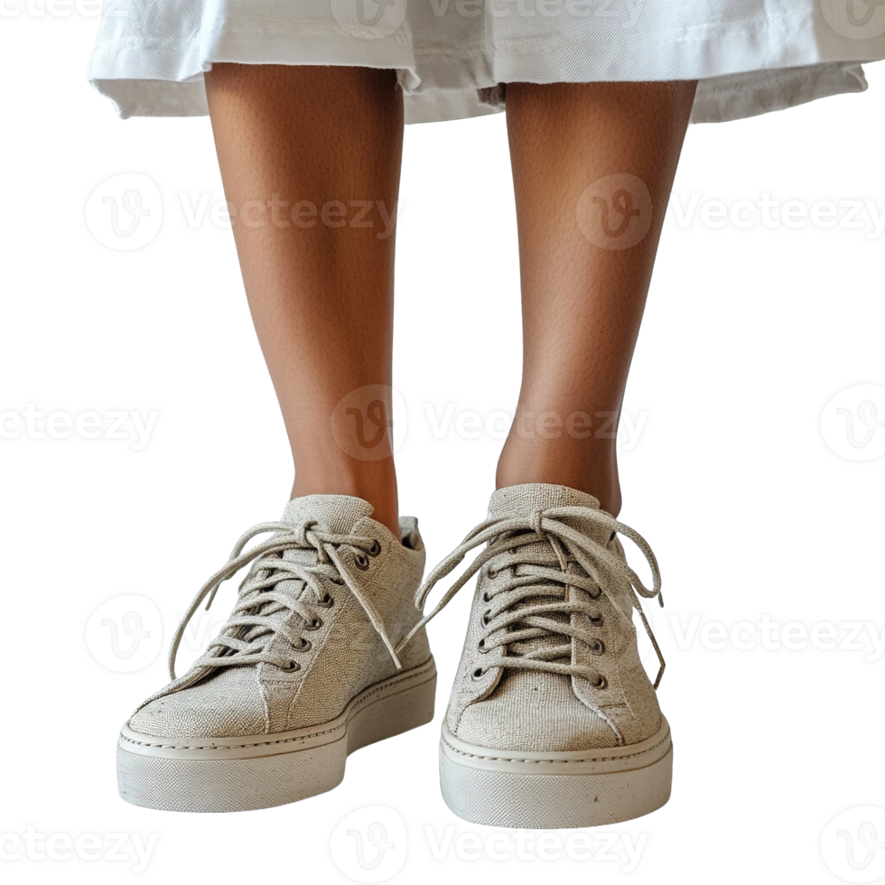 Feet Wearing Neutral Colored Sustainable Sneakers Styled with Casual Pants on Transparent Background png