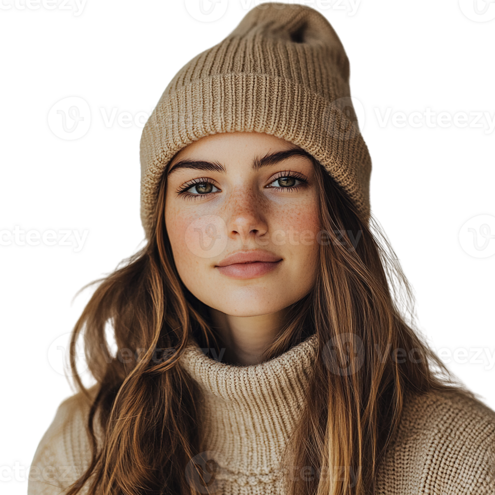 Young Women Wearing Neutral and Bright Colored Eco-Conscious Beanie and Knitwear on Transparent Background png