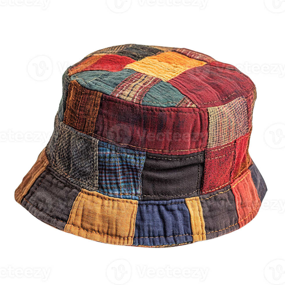 Recycled Fabric Patchwork Bucket Hat in Vibrant Colors Isolated on Transparent Background png