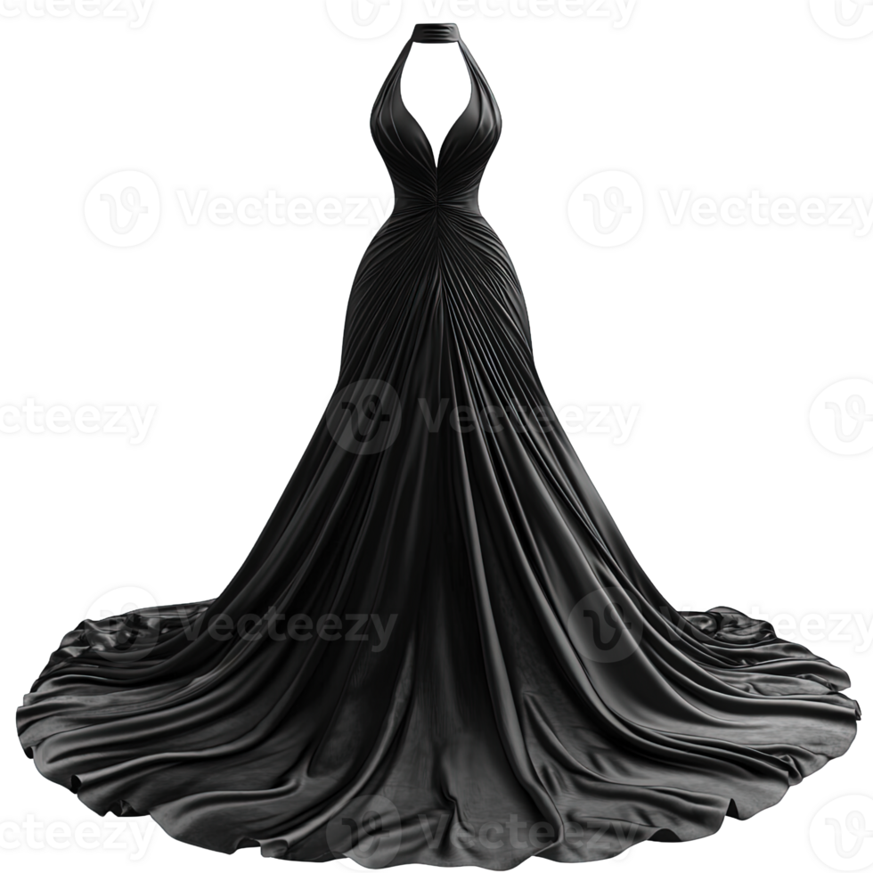 High Fashion Halter Neck Gown in Satin Fabric with Cinched Waists and Flowing Skirts on Transparent Background png