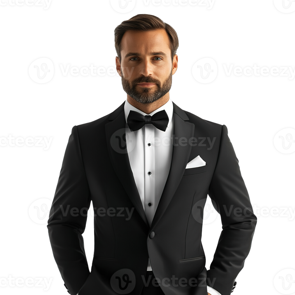 Elegant Man in Classic Black Tuxedo with Bow Tie and White Pocket Square on Transparent Background png