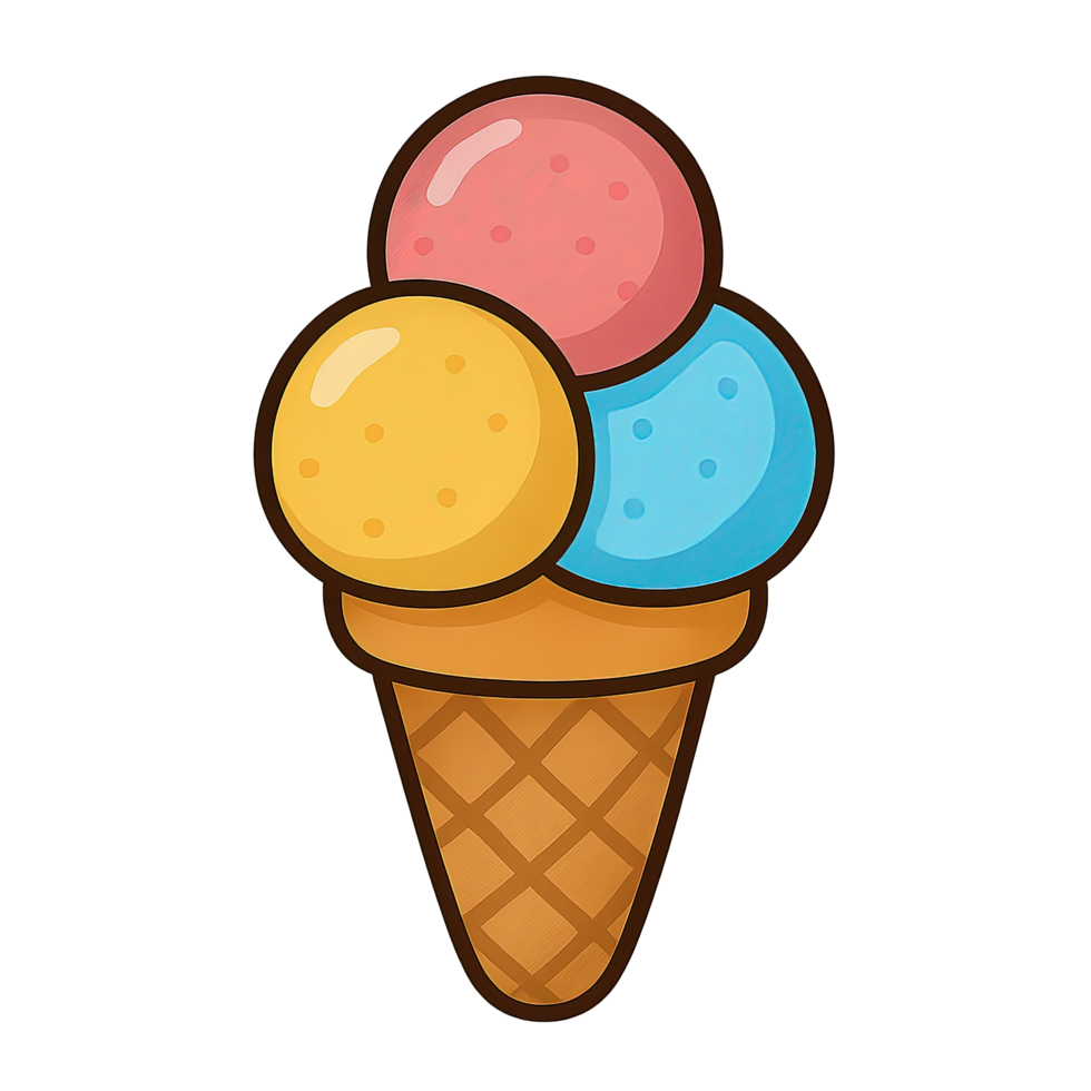 Colorful triple scoop ice cream cone with pink, yellow, and blue flavors, perfect for summer fun and dessert cravings. png