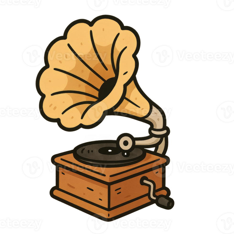 vintage gramophone illustration on transparent background for retro music, antique audio, and nostalgic sound design themes png