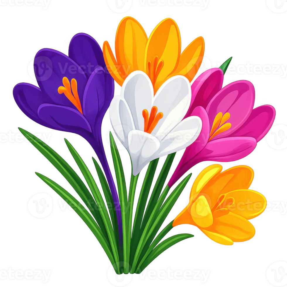 spring crocus flower bouquet in vivid purple, yellow, pink, and white, ideal for floral designs, greeting cards, and nature themes png