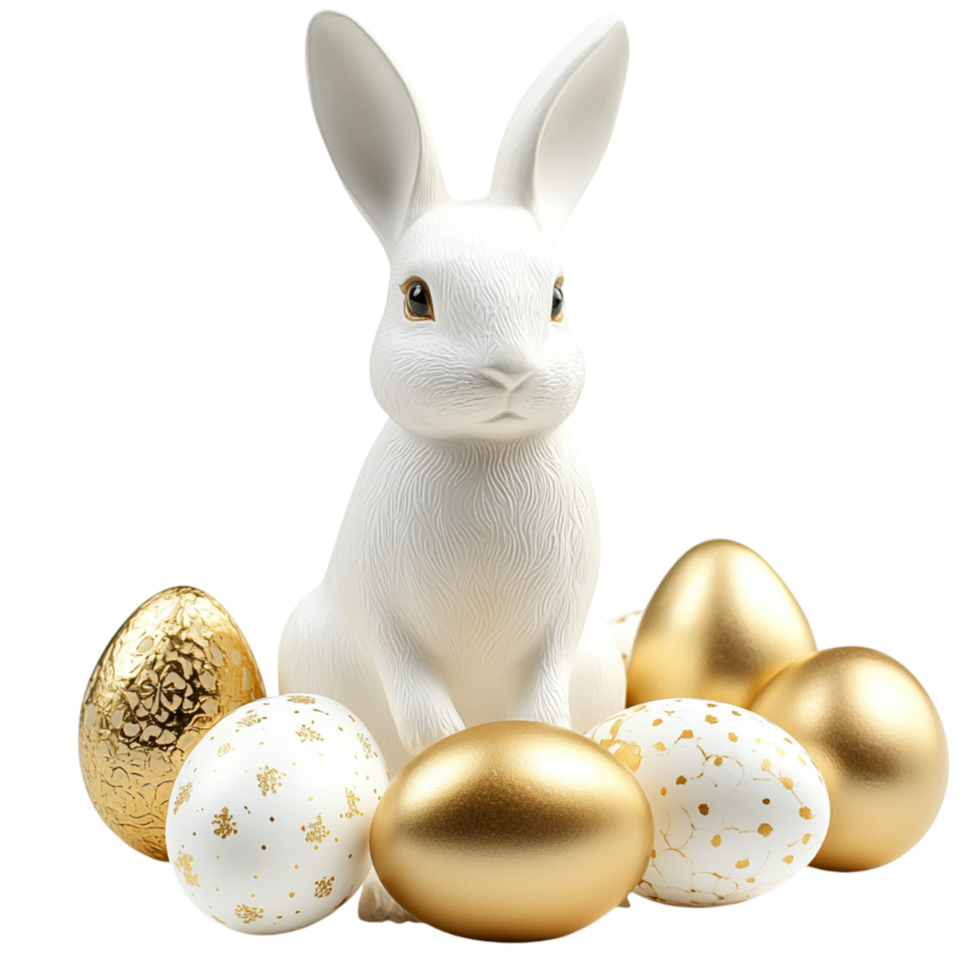 White Easter Bunny with Golden and White Eggs png