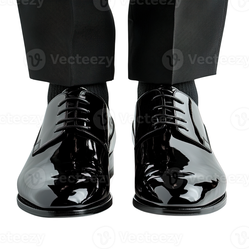 Men Wearing Shiny Black Patent Leather Oxford Dress Shoes with Formal Trousers Isolated on Transparent Background png
