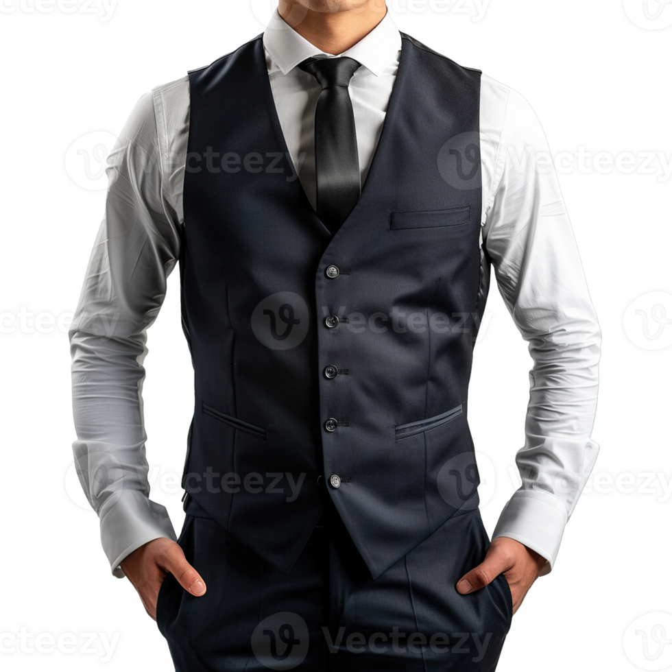 Modern Businessman in Formal Navy Blue Waistcoat and White Button-Up Shirt with Black Tie Standing with Hands in Pockets Against Transparent Background png