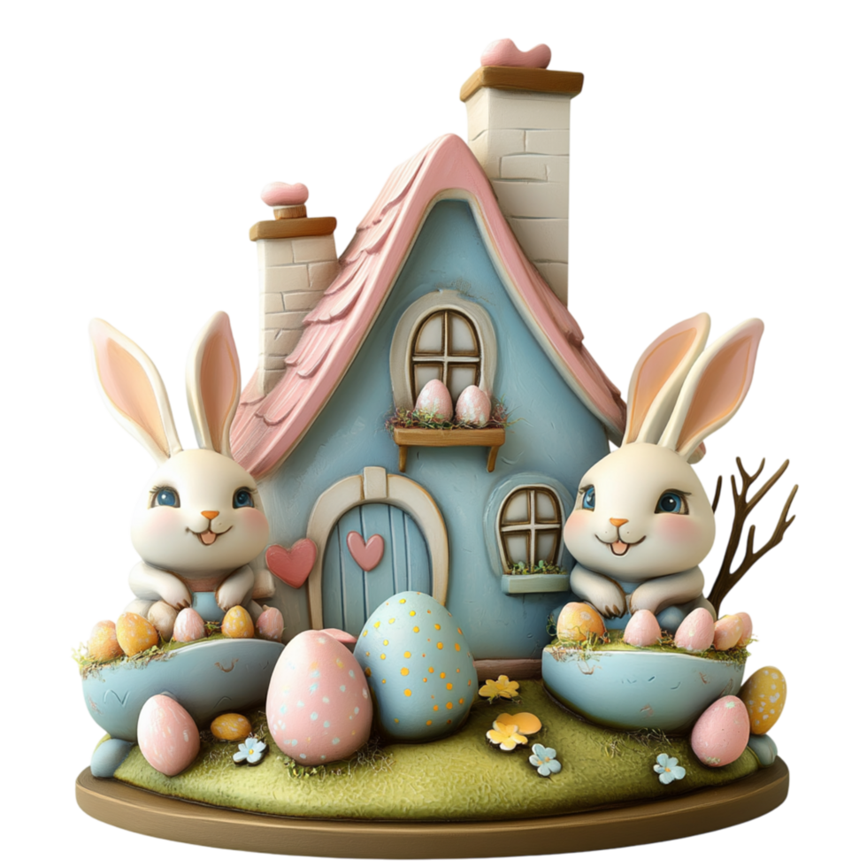 Whimsical Easter Bunny House with Colorful Eggs and Playful Rabbits png