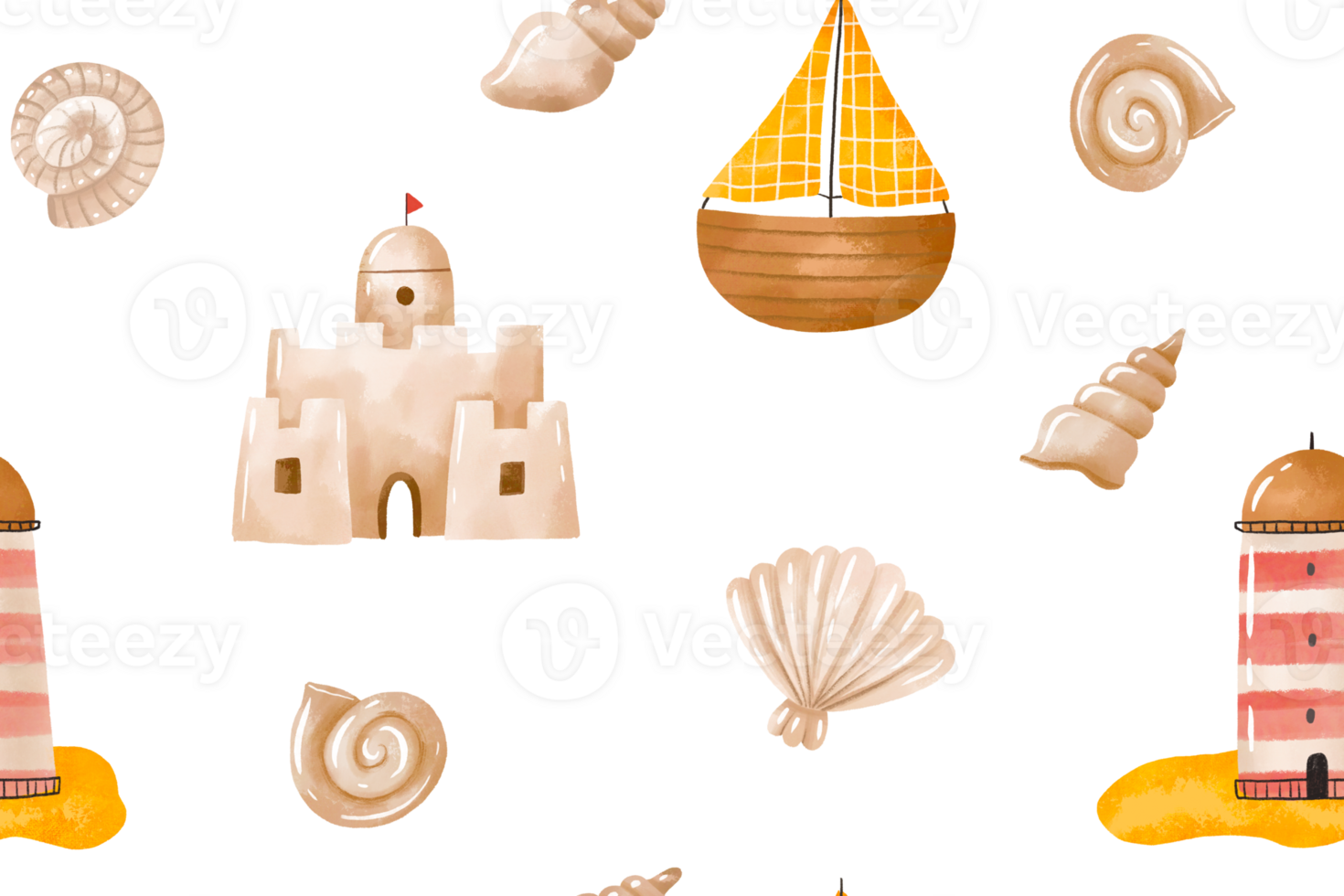 Summertime beach vacation seamless pattern with lighthouse, shell, sand castle. Sea marine endless background hand drawn watercolor illustration png