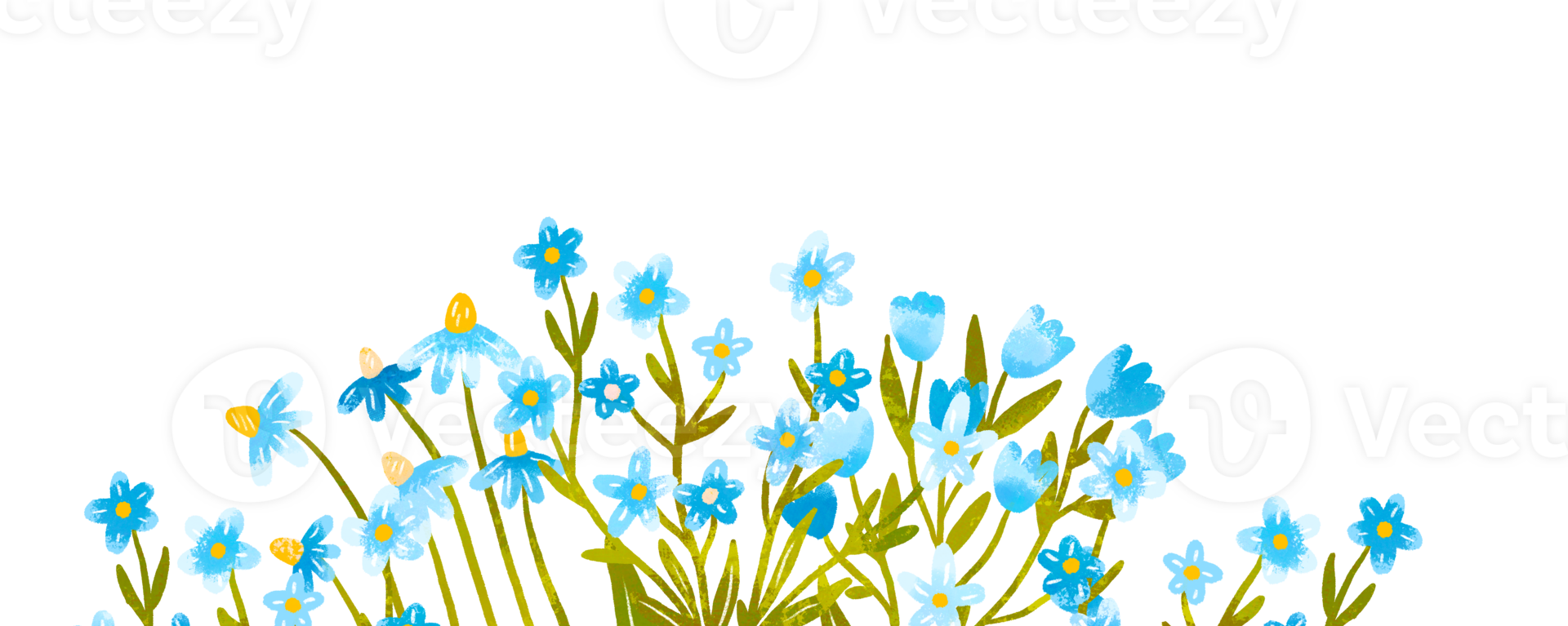 Header border frame of watercolor wildflowers. Blue colors flowers blossom. Daisy, tulip, cornflower, wild and fantasy flowers. Field Flowers. Wedding card invitation. Decor png