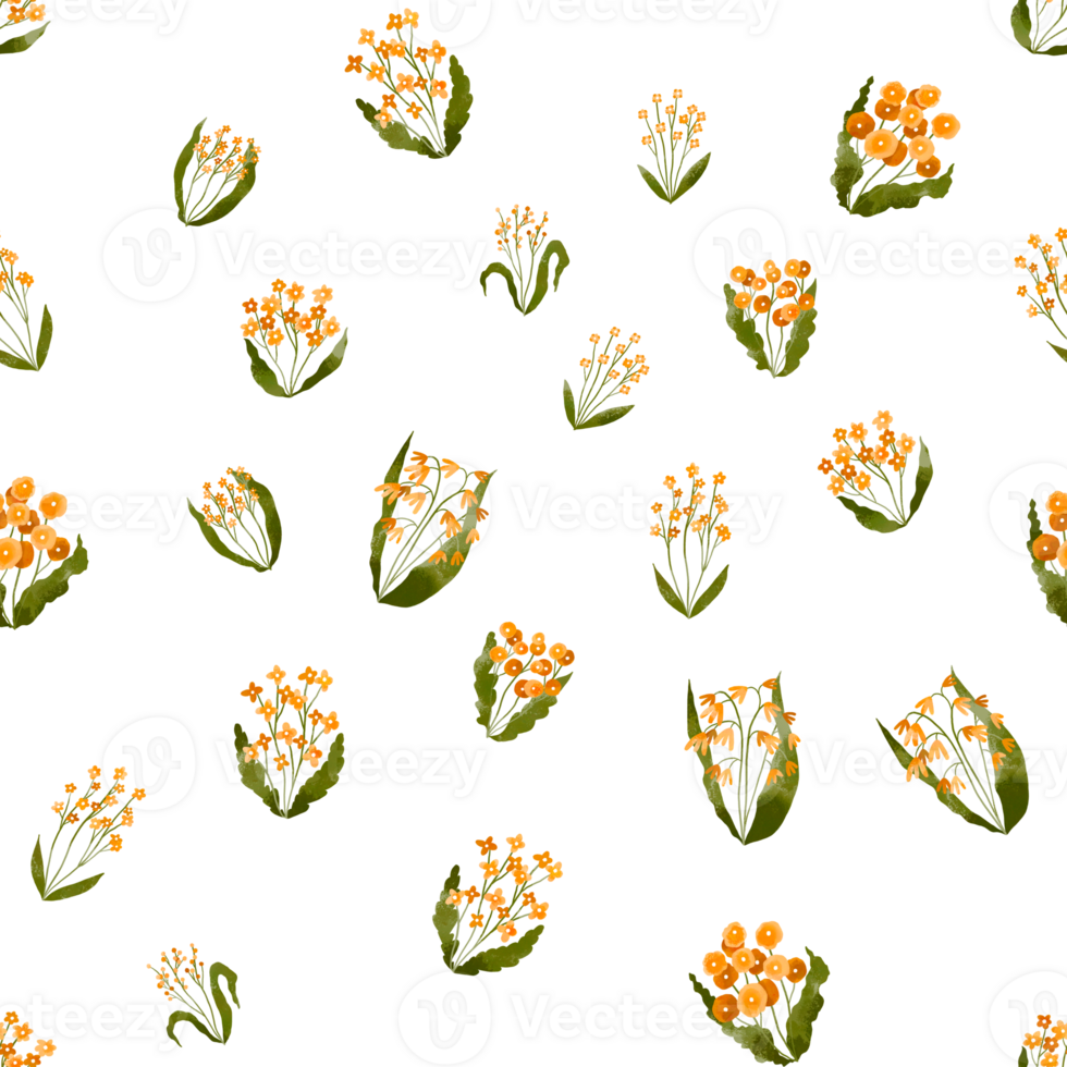 Seamless striped pattern Watercolor orange floral blossom flowers, spring leaves, branches, twigs. Field wil flowers, herbs loopable background. Spring nursery png