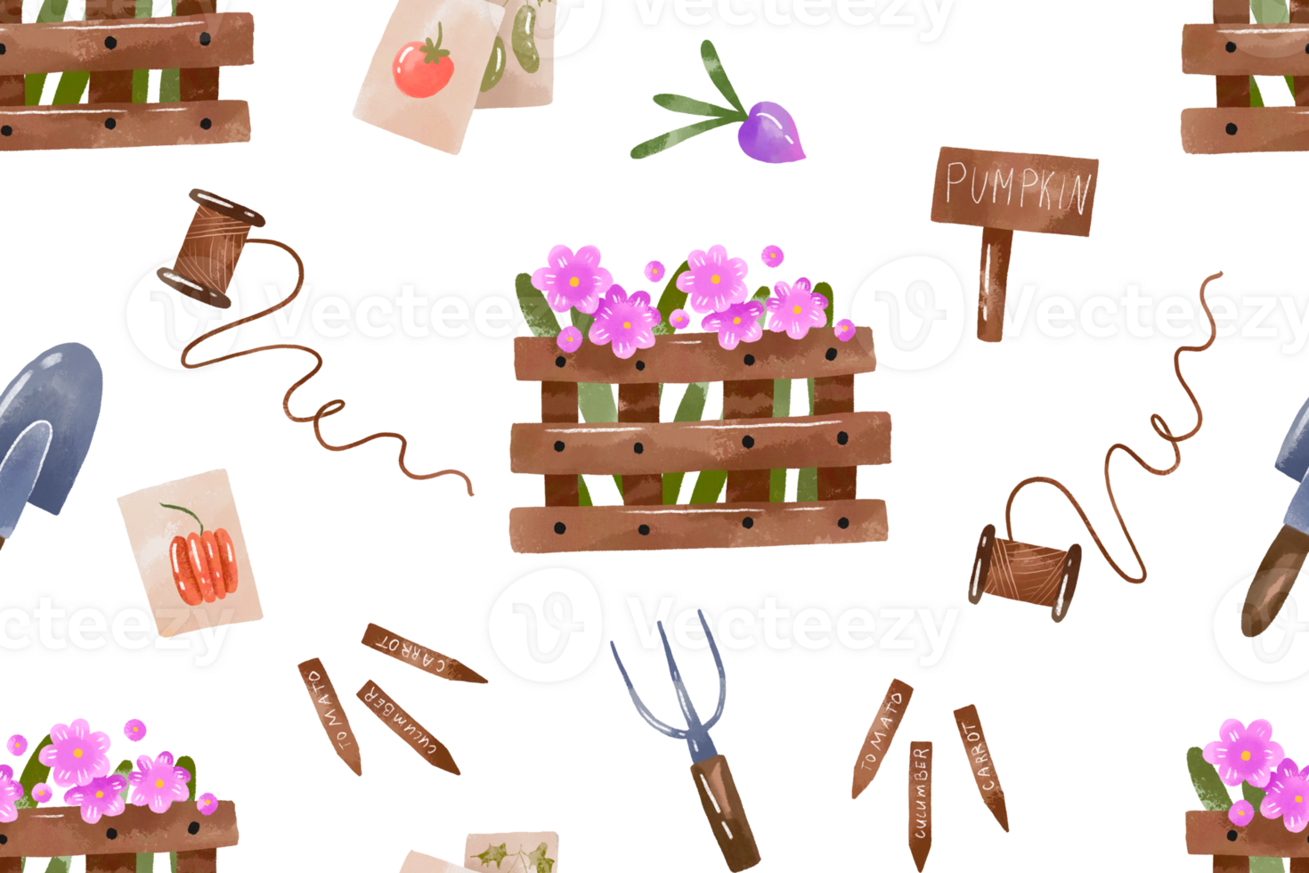 Watercolor seamless pattern with gardening tools. Hand drawn garden equipment, tools and flowers on isolated background. Repeated background, textile, wrapping, print. png