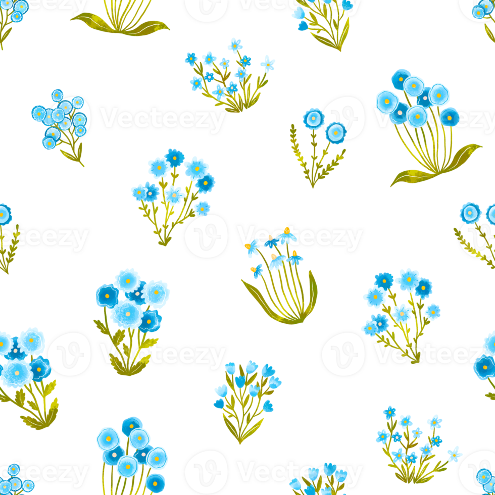 Spring Floral pattern of watercolor wildflowers. Blue colors flowers blossom. Daisy, tulip, cornflower, wild and fantasy flowers. Field Flowers background, repeat, loopable png