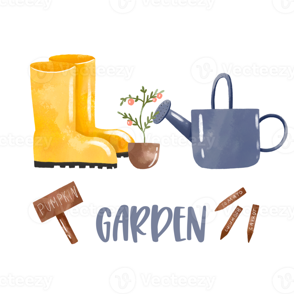 Card Watercolor with gardening tools, water can. Hand drawn garden equipment, tools and flowers on isolated background. Spring card png