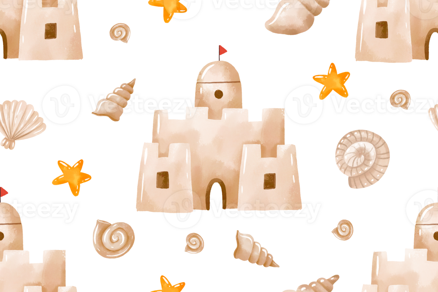 Seamless pattern with sand castle and sea shells. Hand drawn marine background. Hand drawn cartoon background png