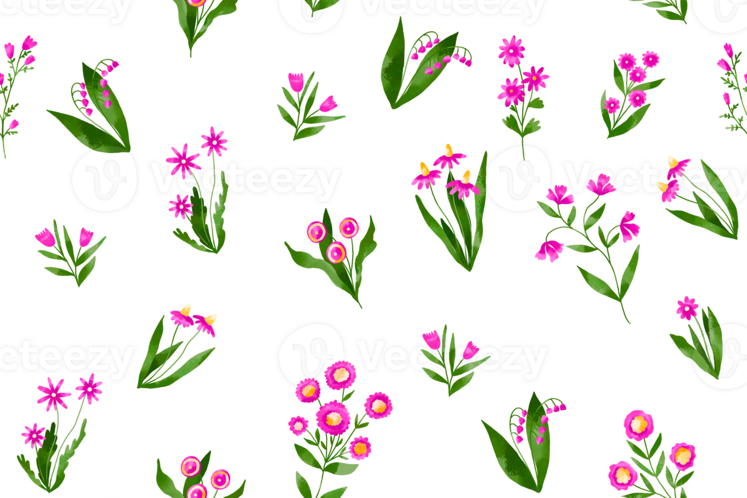 Blossom field wild flowers seamless pattern. Pink flowers, petal daisy blossom herbs. Hand drawn watercolor illustration. Repeated background png