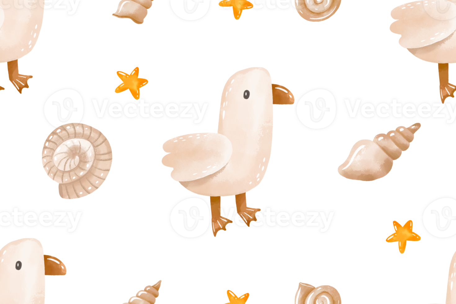 Summer pattern with seagull and shell. Hand drawn summer beach vacation. Seamless pattern, endles sumertime background png
