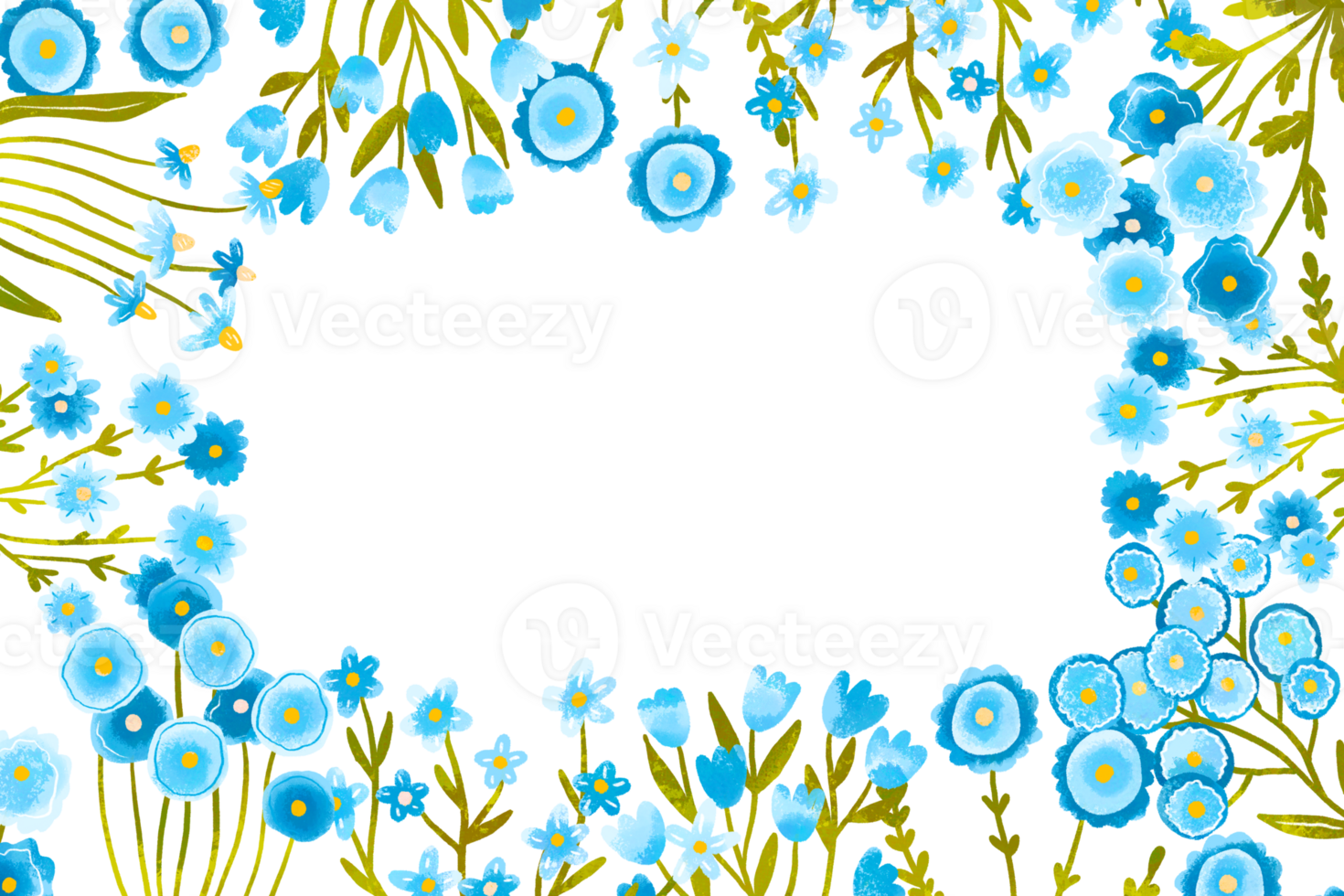 Horizontal border frame of watercolor wildflowers. Blue colors flowers blossom. Daisy, tulip, cornflower, wild and fantasy flowers. Field Flowers. Wedding card invitation png