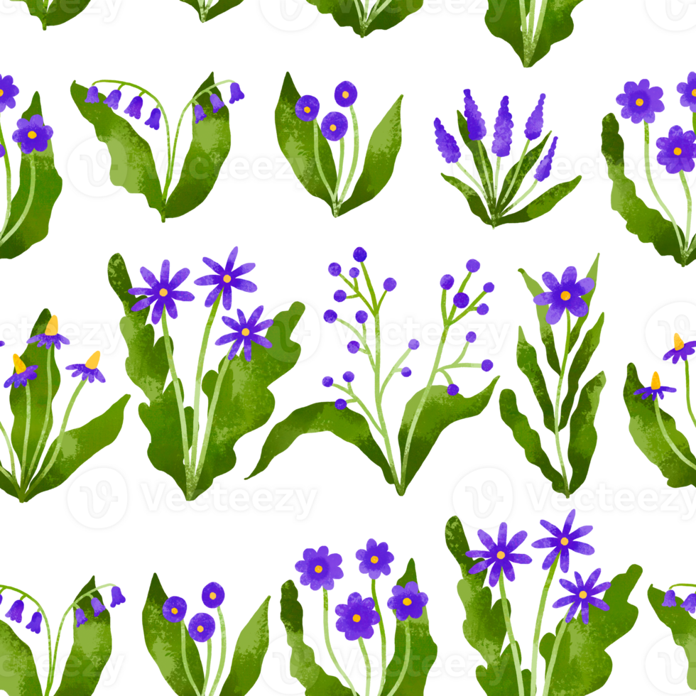 Spring colorful flower elements watercolor. Seamless pattern floral of wildflower, leaf branch, foliage. Repeated background. Hand drawn blossom loopable illustration for easter, thanksgiving png