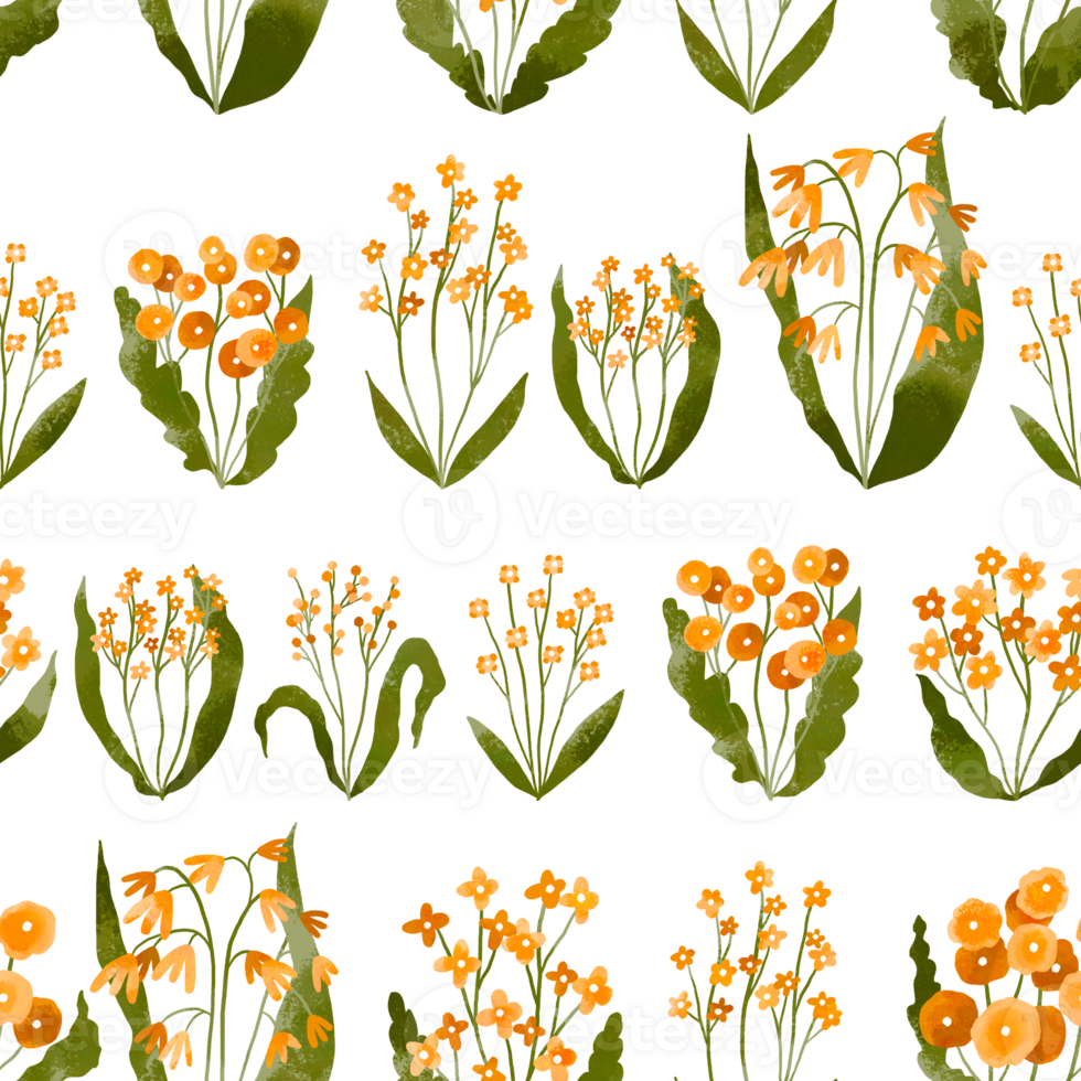 Seamless striped pattern Watercolor orange floral blossom flowers, spring leaves, branches, twigs. Field wil flowers, herbs loopable background. Summer floral colorful design png