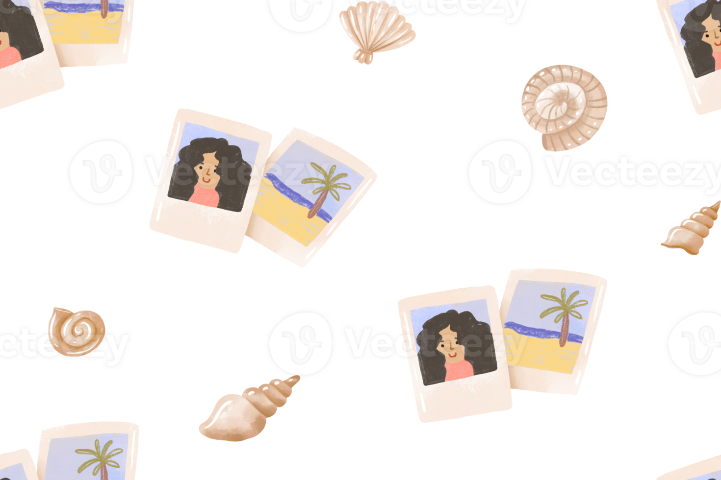 Summer holidays seamless pattern with photo memory, shells. Hand drawn watercolor background png