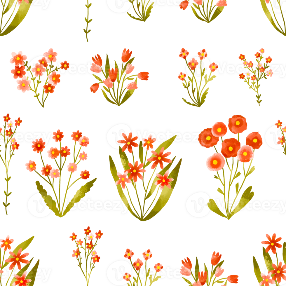 Seamless pattern watercolor red field flowers set with small wildflowers. Botanical illustration minimal style. Blossom hand drawn illustration. Easter background png