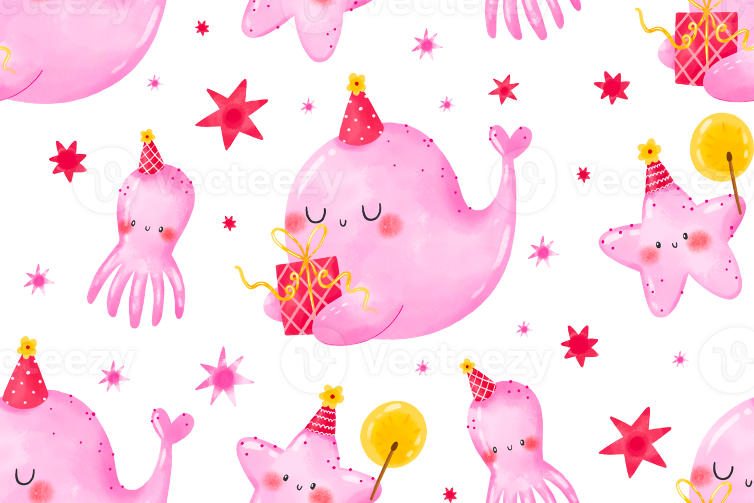 Pink whale with gift octopus gellyfish and star fish celebrate birthday. Pinky girly seamless pattern for Birthday. Happy Birthday background png