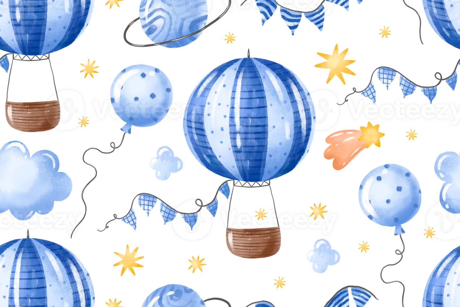 Hot air balloon adventure. Sky transport and clouds stars helium balloon. Fly in the air. Hand drawn watercolor illustration. Baby boy seamless pattern png