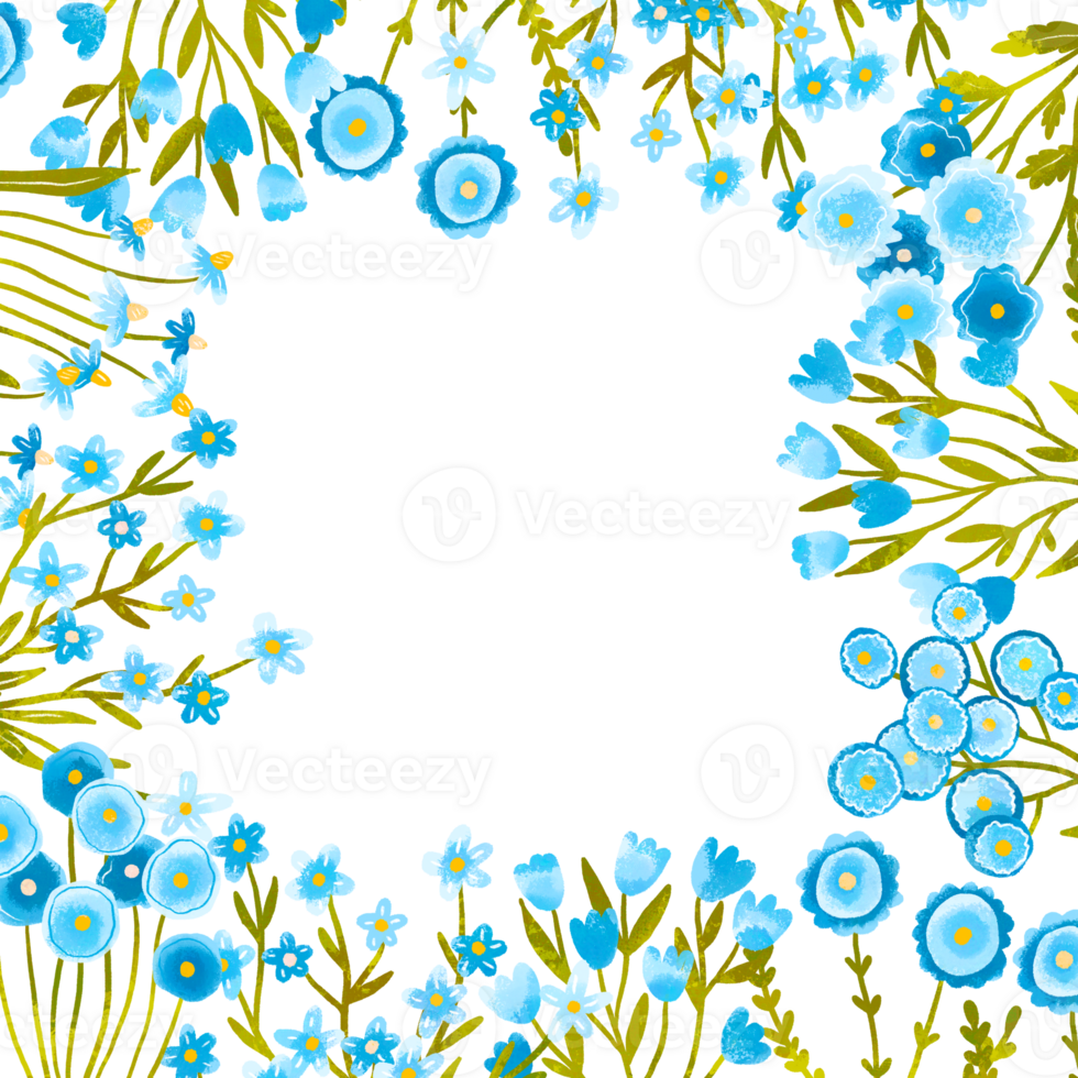 Square border frame of watercolor wildflowers. Blue colors flowers blossom. Daisy, tulip, cornflower, wild and fantasy flowers. Field Flowers. Wedding card invitation png