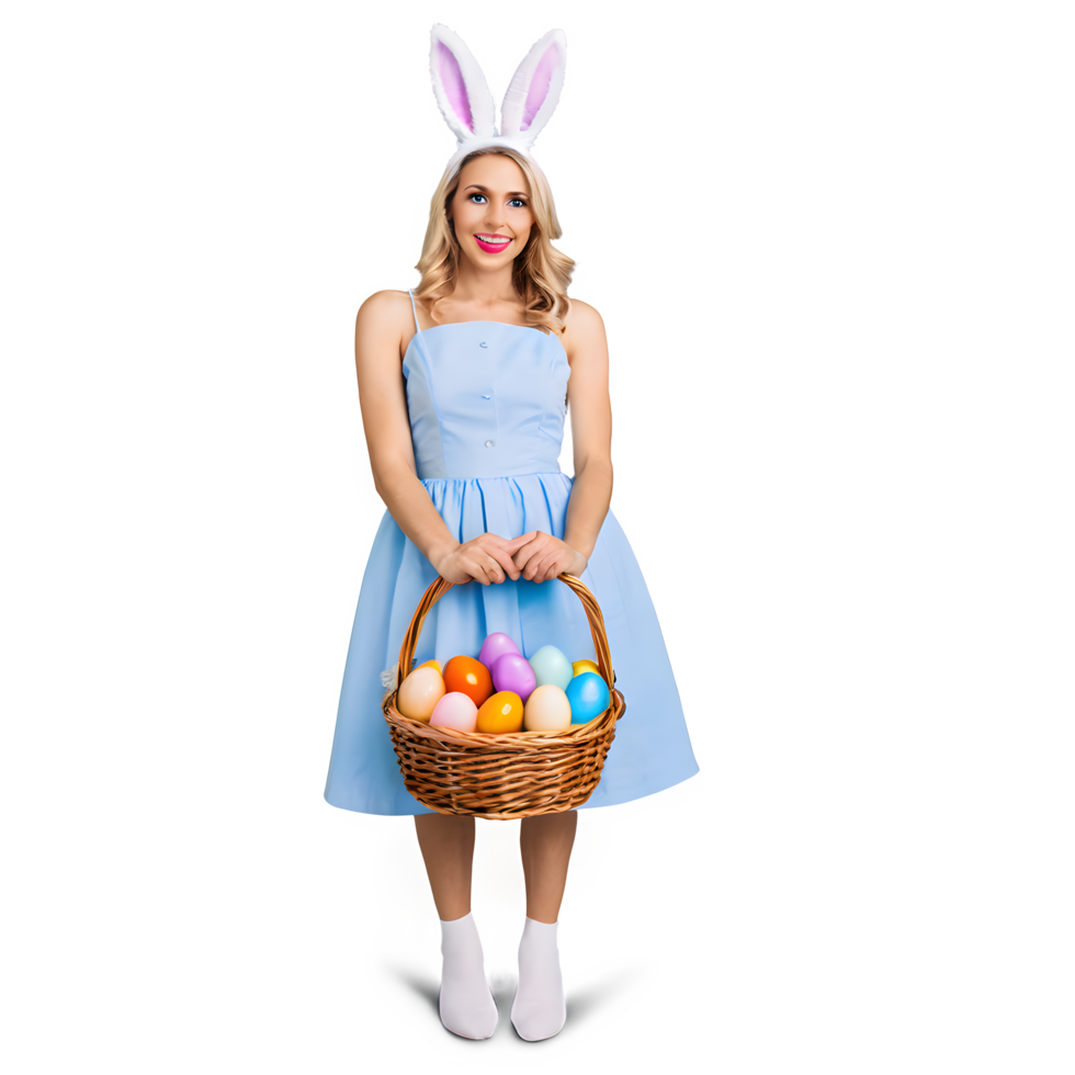 Woman with Bunny Ears Holding Easter Egg Basket isolated on transparency. png