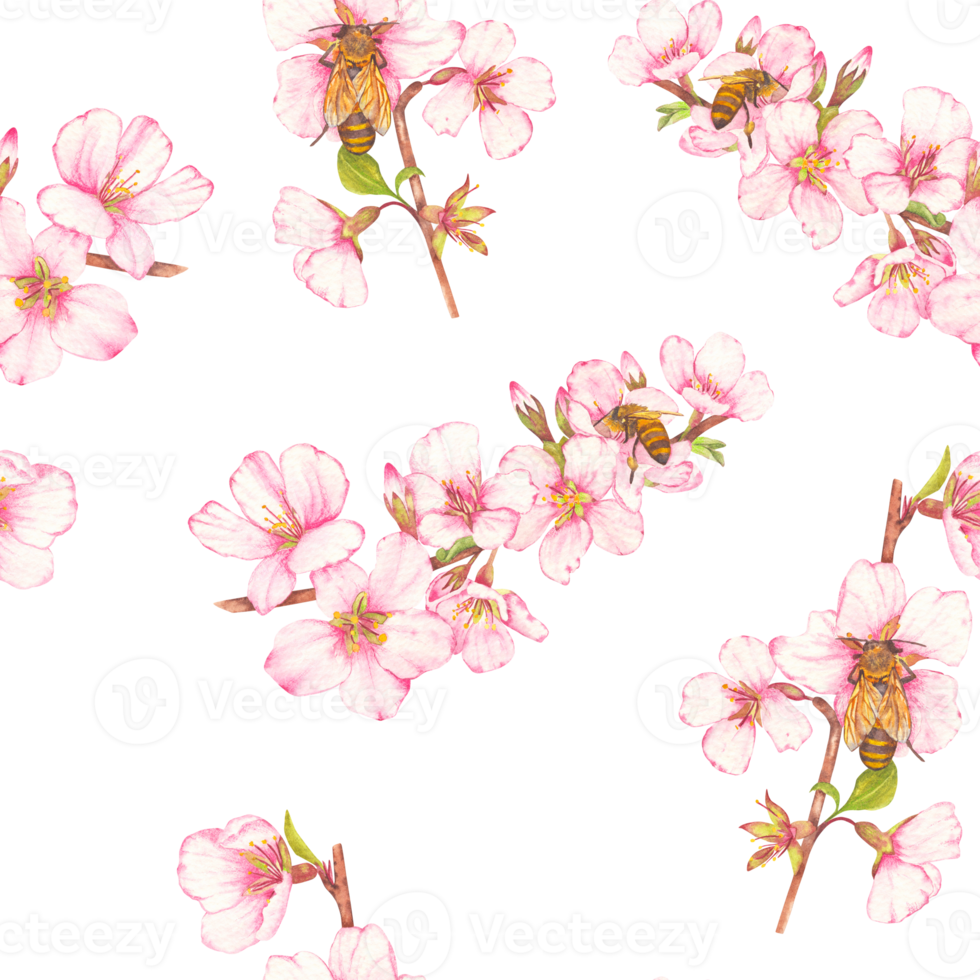 Seamless pattern of hand-drawn watercolor illustration of fruit tree blossom with bees on flowers png
