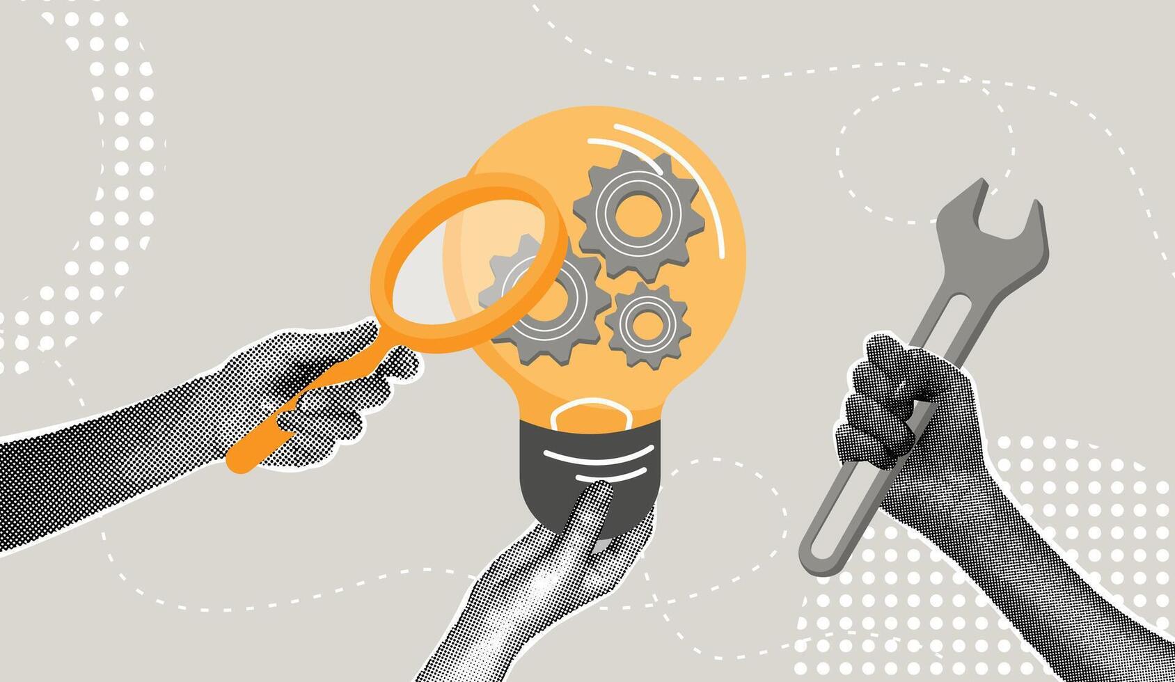 Trendy halftone collage. Innovation and problem solving, creativity. New business product launch concept, product development, process optimization, performance concept. illustration vector