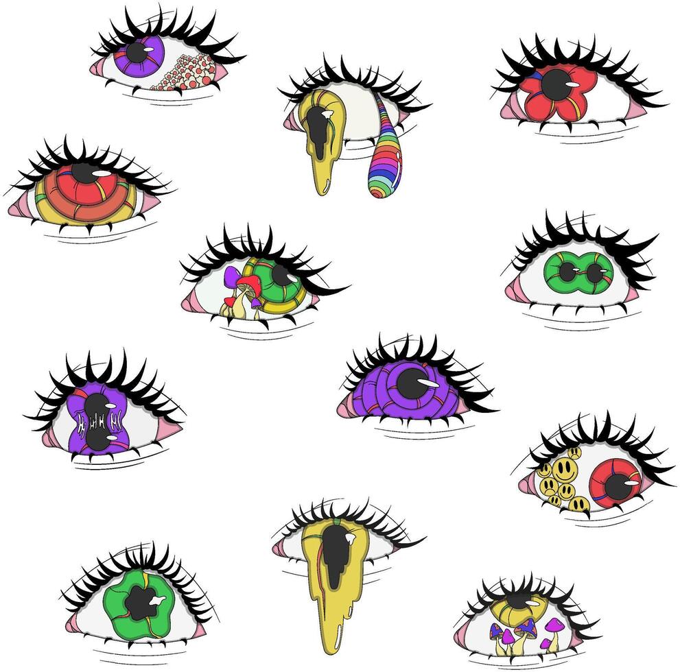 A set of 12 psychedelic eyes of different colors, psychedelic stickers, eyes with mushrooms inside, eyes with emoticons, eyes with flowers, crazy pictures vector