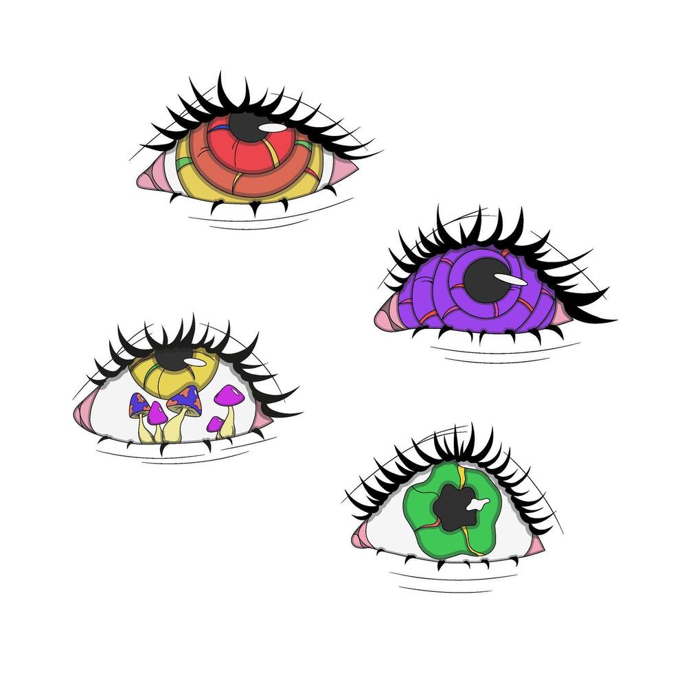 A set of 4 psychedelic eyes of different colors, psychedelic stickers, eyes with mushrooms inside, crazy picture vector