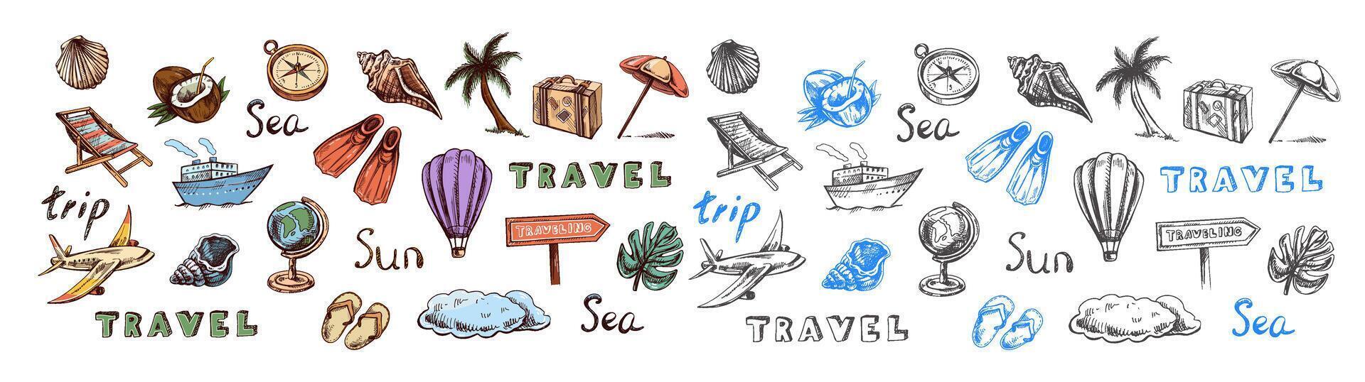Hand drawn seamless pattern with colored camping and travel elements, tourism and adventure icons vector
