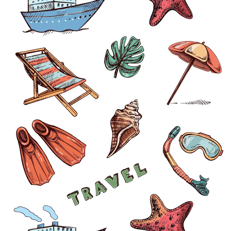 Hand drawn sketch seamless pattern with travel and sea elements. Sea Tourism and adventure icons. Seashells, beach, diving equipment. vector