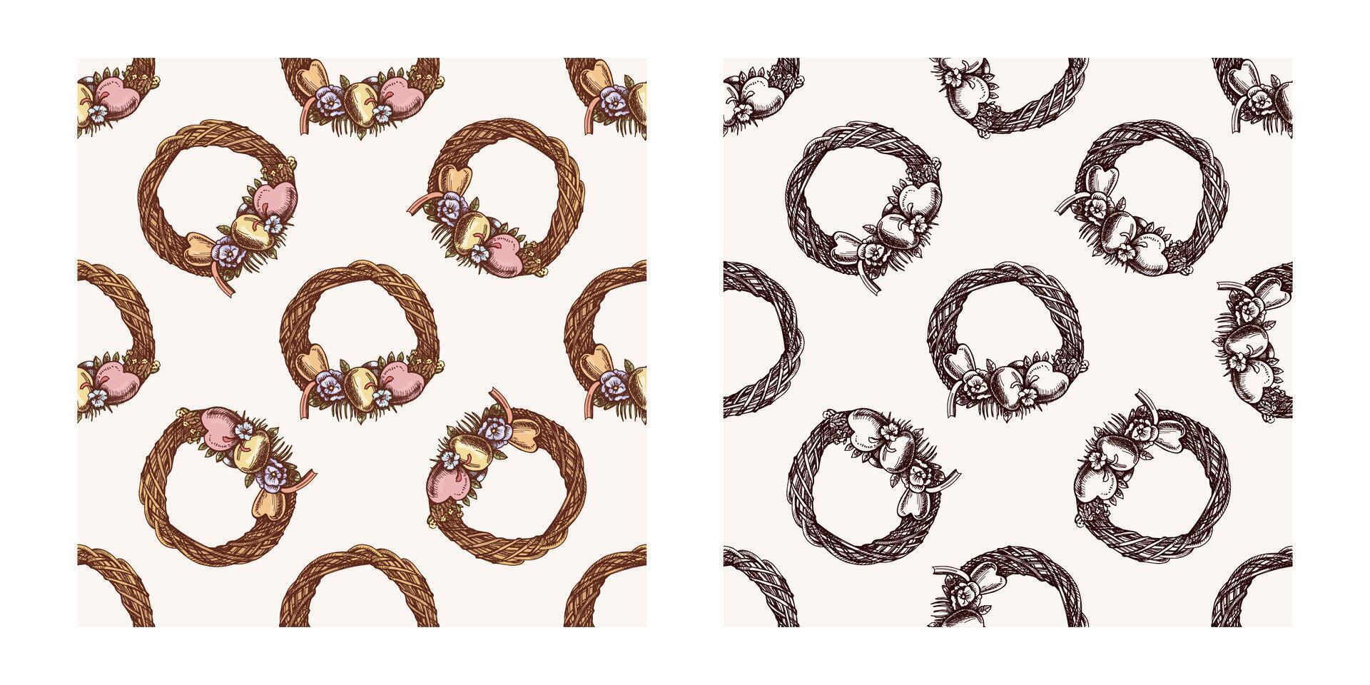 Hand drawn vintage colored and black seamless pattern of Easter wreaths with bows vector