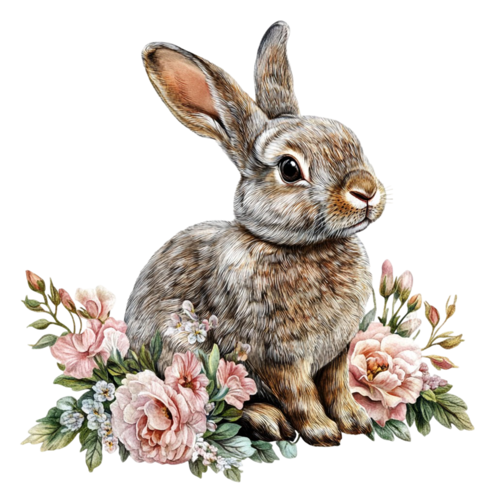 Cute Rabbit with Floral Wreath Around Its Head on Transparent Background png