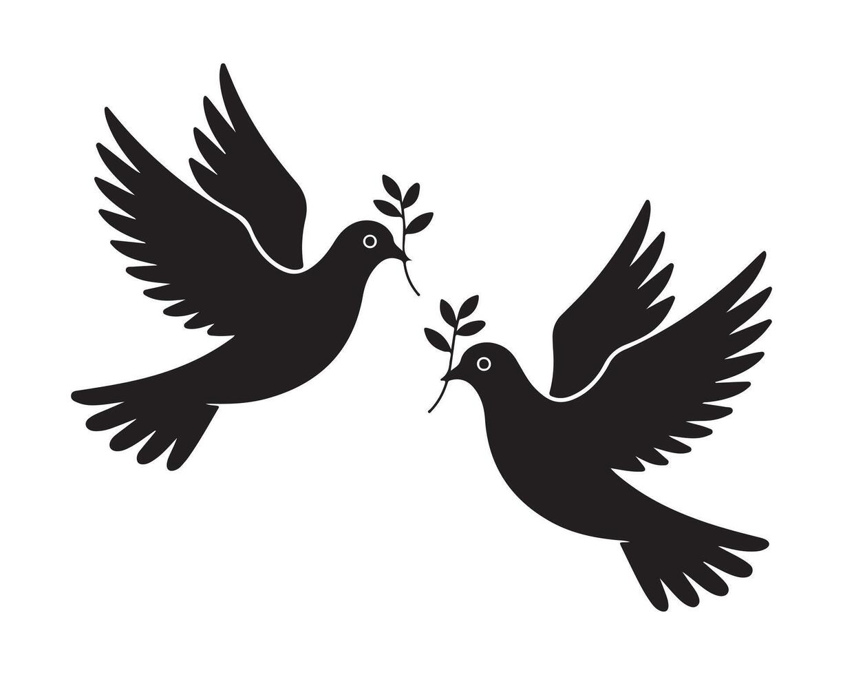 Two silhouette doves in flight carrying olive branches, symbolizing peace. vector