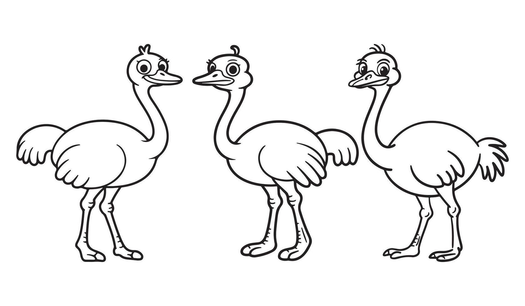 Three Cute Cartoon Ostrich Outline Illustrations for Coloring vector