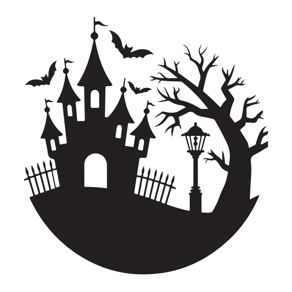 Spooky Halloween Castle Silhouette in a Circular Design vector