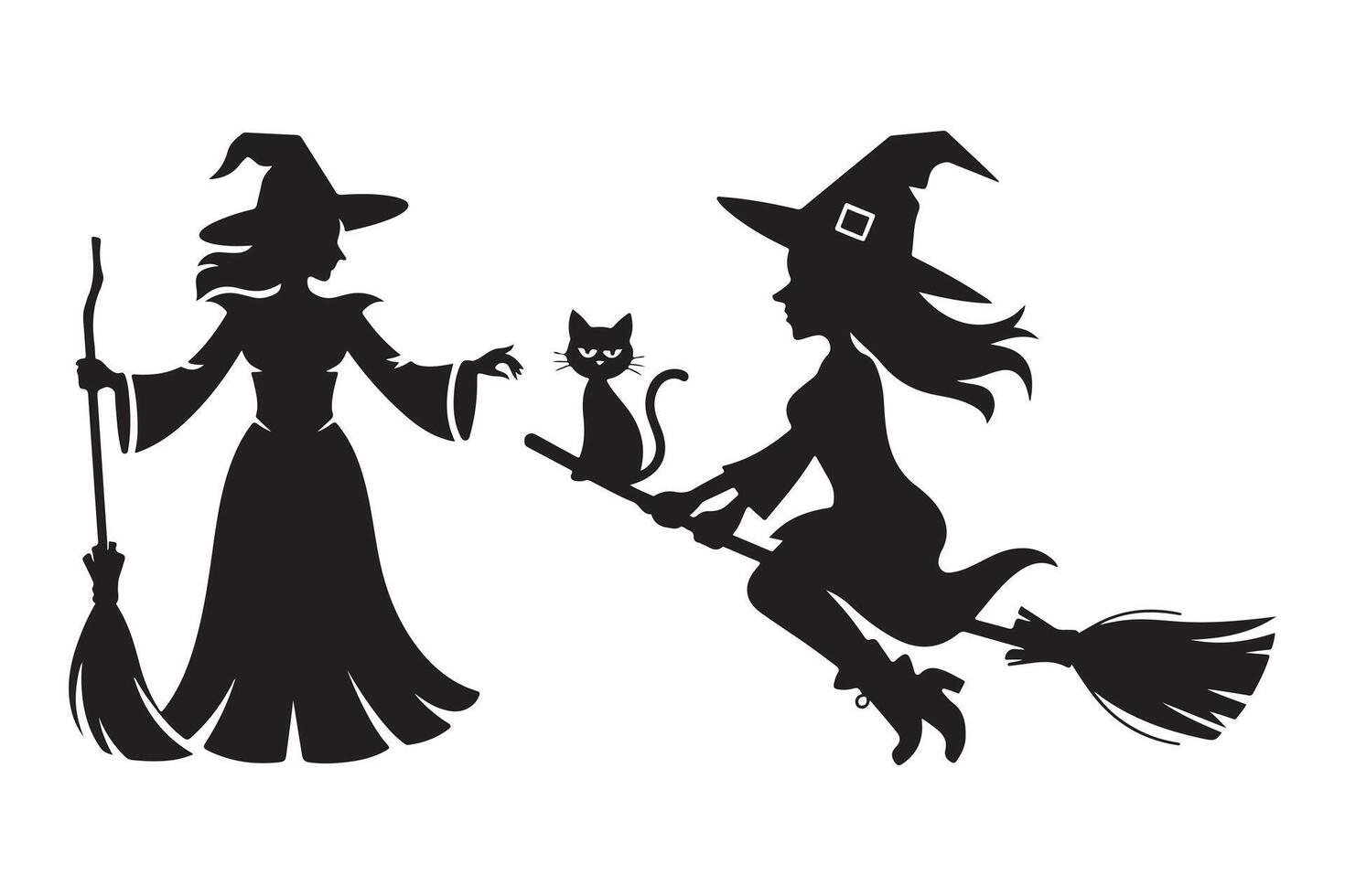 Two Witches Silhouettes, One on a Broom, One on the Ground vector