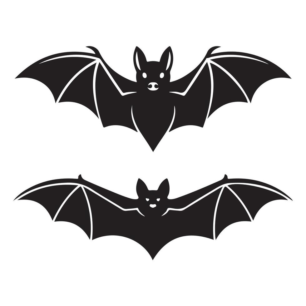 Two black silhouette bats in flight against a white background. vector