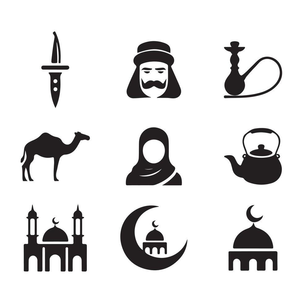 Simple Black and White Silhouette Icons of Islamic Culture vector