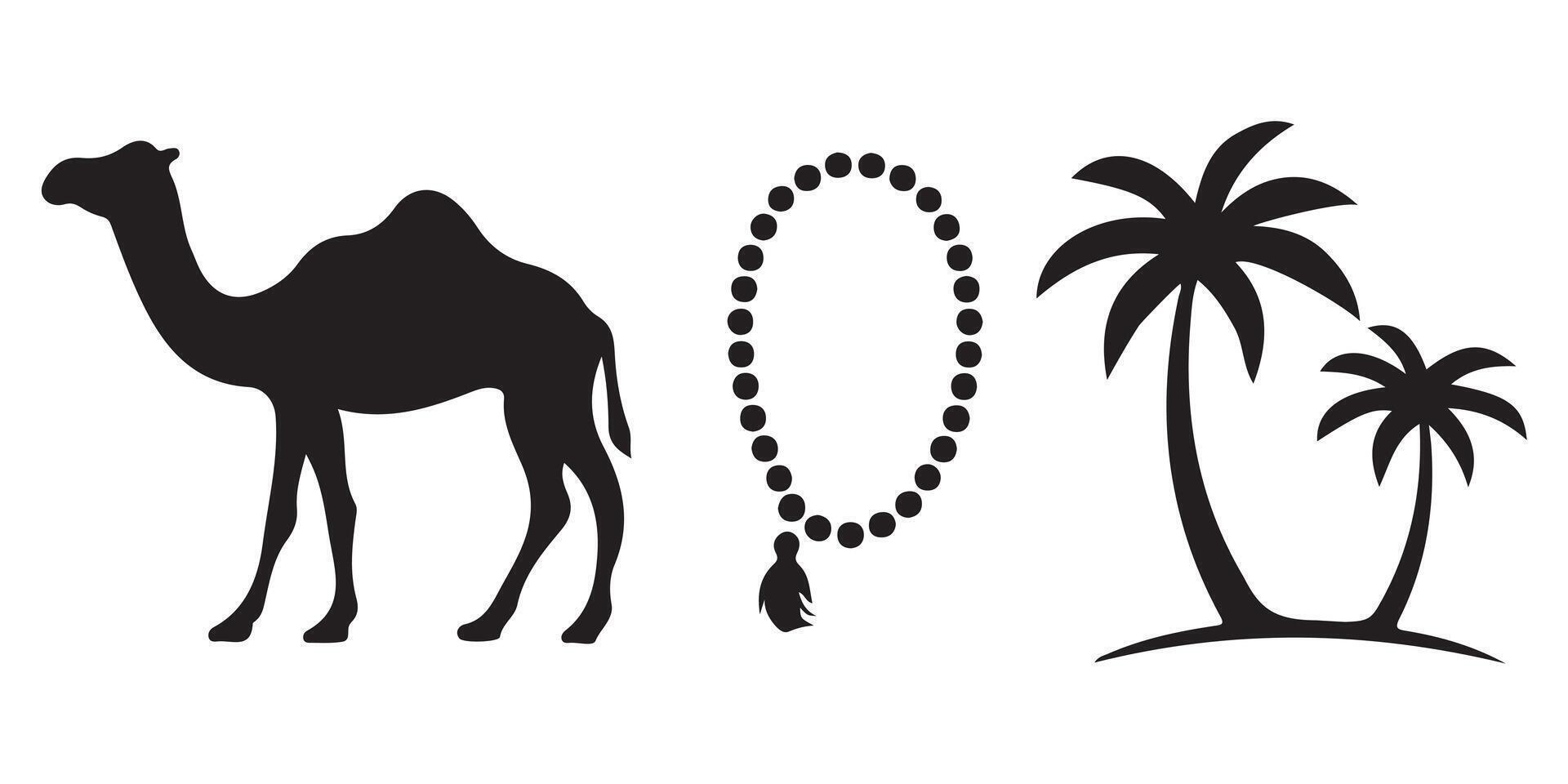 Simple Silhouette of Camel, Prayer Beads, and Palm Trees vector