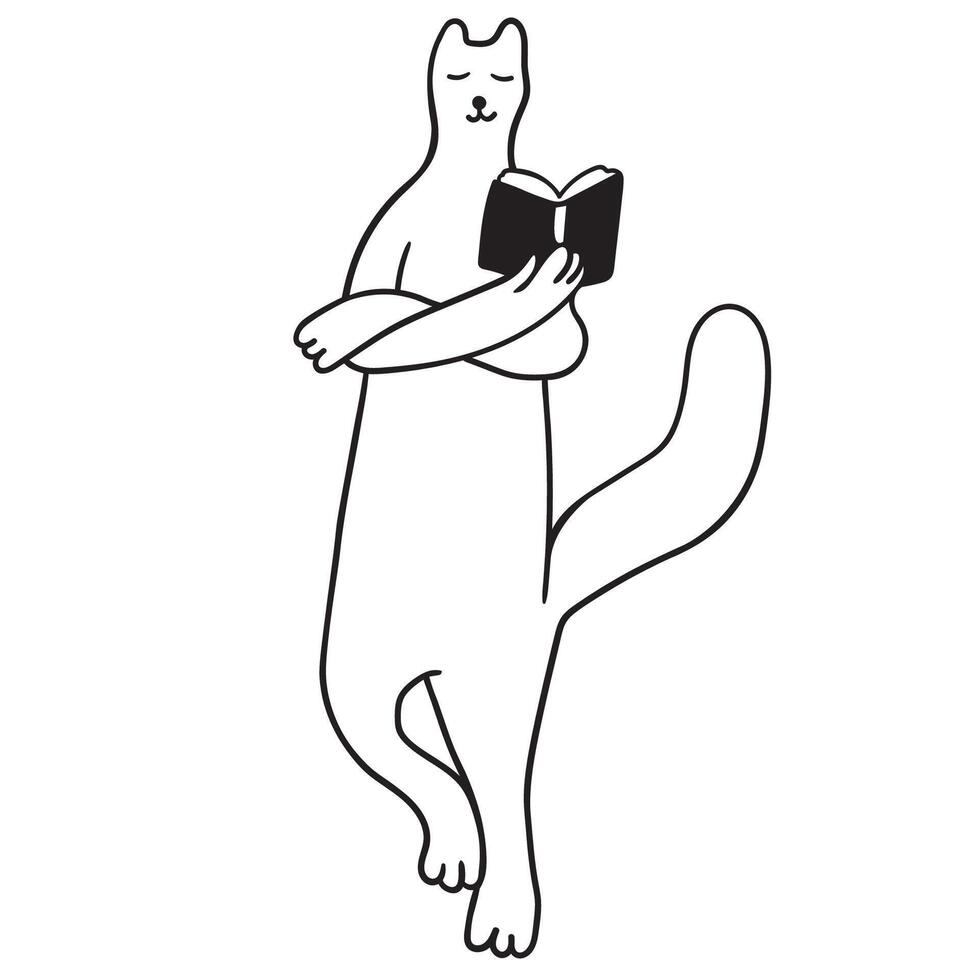 black and white cat's character reading a book icon vector