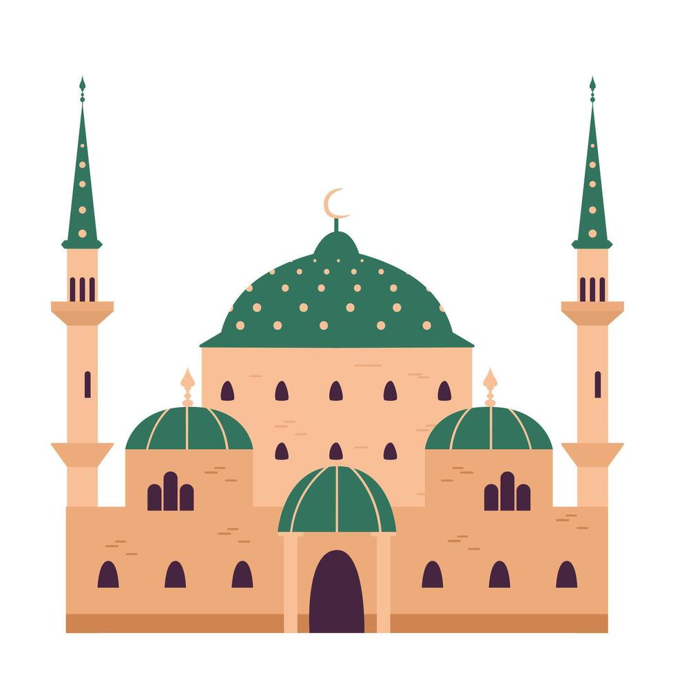 Mosque building with green domes exterior flat illustration isolated on white. Islamic religious architecture. vector