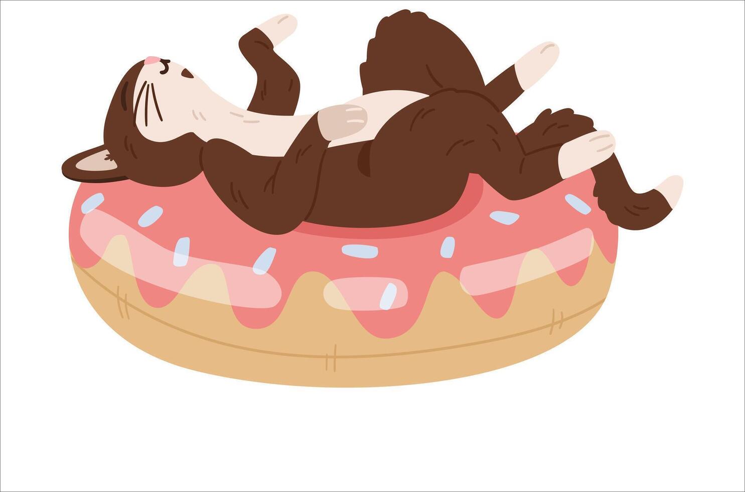 Cute cat laying on back and sunbathing on swimming ring in shape of donut illustration isolated on white. vector