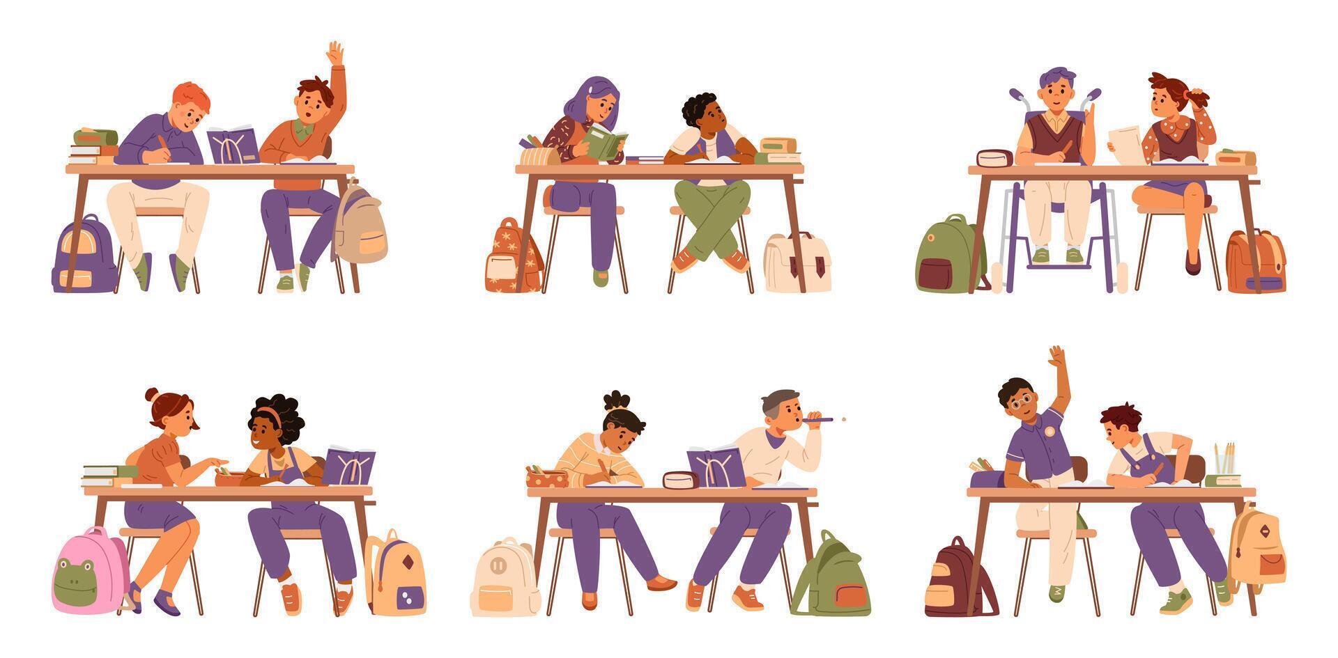 School children sitting in pairs at desks studying flat illustrations set isolated on white. Pupils of different races and abilities with school supplies and backpacks. vector